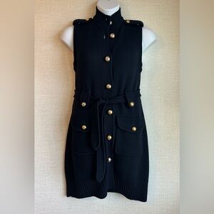 TORY BURCH Navy Sweater Dress Sleeveless 100% Merino Wool Gold Button Belt Small